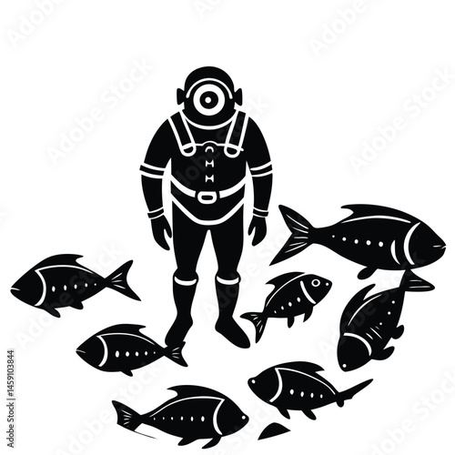 scuba diving vector silhouette illustration Diver surrounded by colorful fish