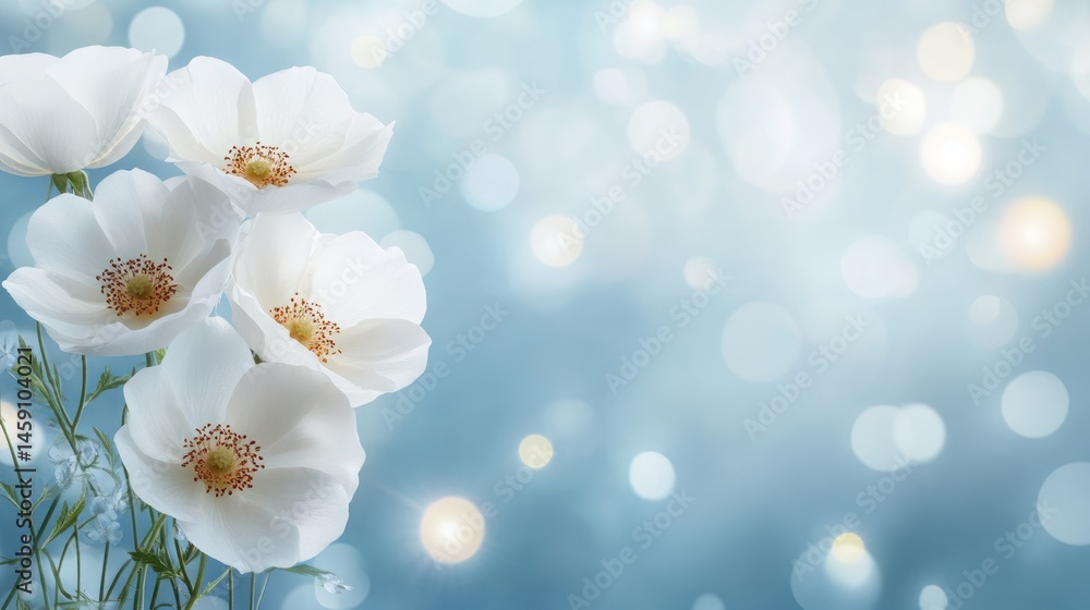 Delicate white flowers on a soft blue background Delicate white flowers on a soft blue background