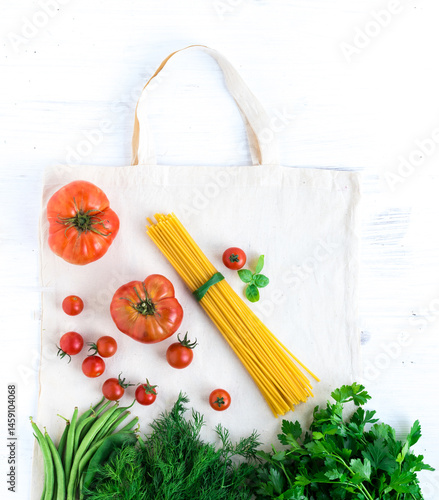 Buying delicious products for a healthy dinner. Template, mockup, background for flat lay table layouts.