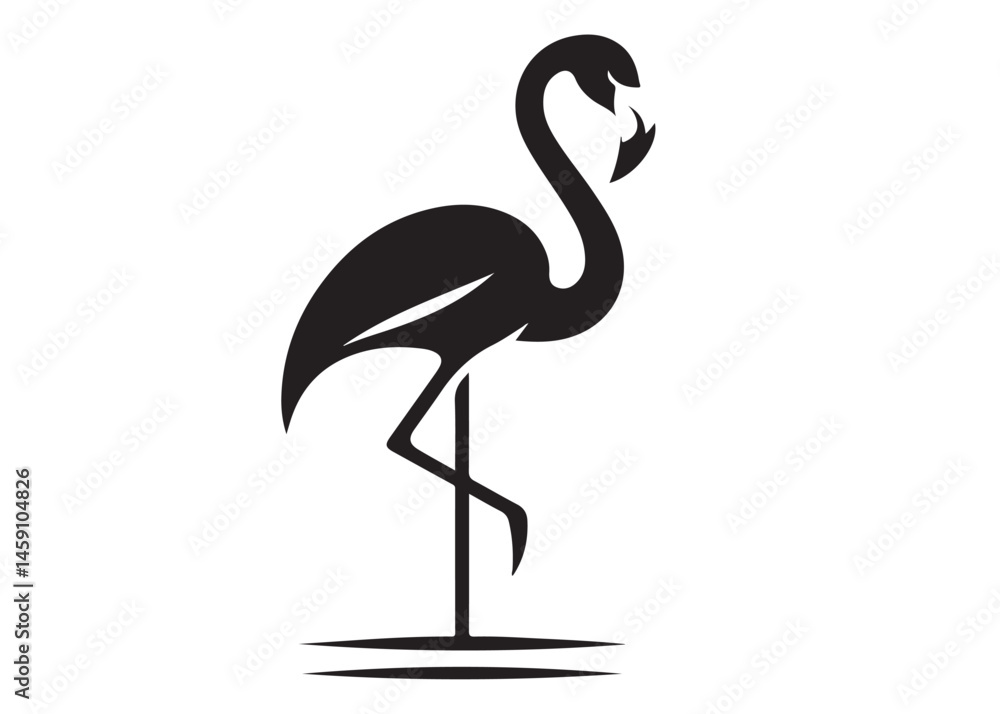 Fototapeta premium Vector flamingo logo silhouette vector, silhouette of flamingo logo icon, tropical wildlife flamingo logo silhouette, simple black an white flamingo vector silhouette isolated on a white background