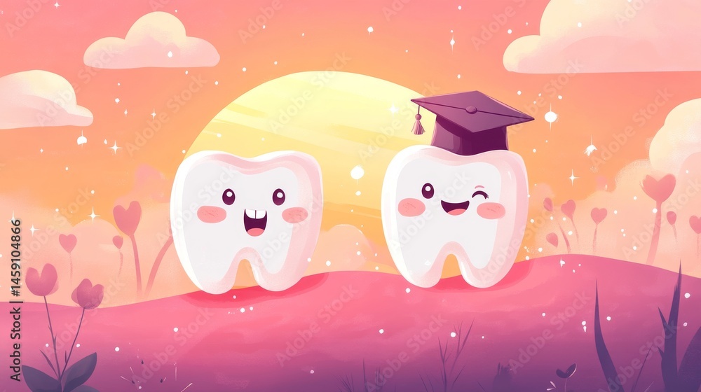 Fototapeta premium Cheerful tooth breaking through gums like superhero emerging from sunset, older teeth wearing graduation caps teaching proper dental care, pink healthy gums shaped like rolling hills, magical