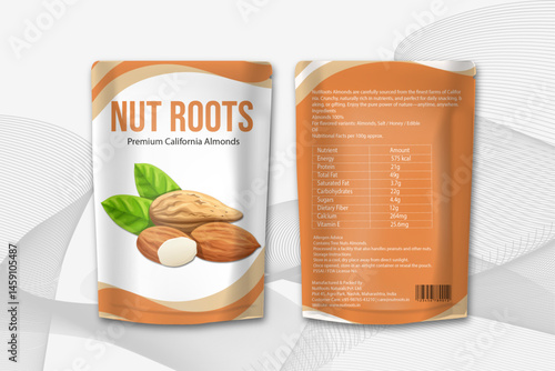 Nuts package poster. Realistic pistachios bag design. Advertising banner. Natural snack packaging on tabletop. Healthy organic food. 
