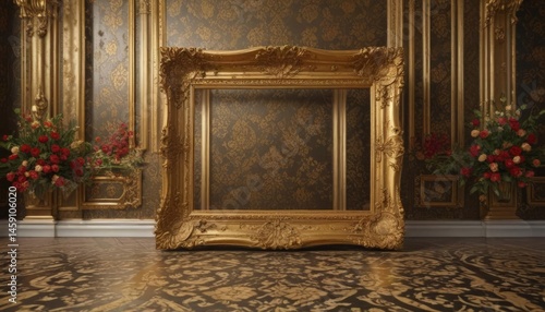Intricate gold frames against a backdrop of floral damask fabric  Floors are visible ,  detail,  damask pattern