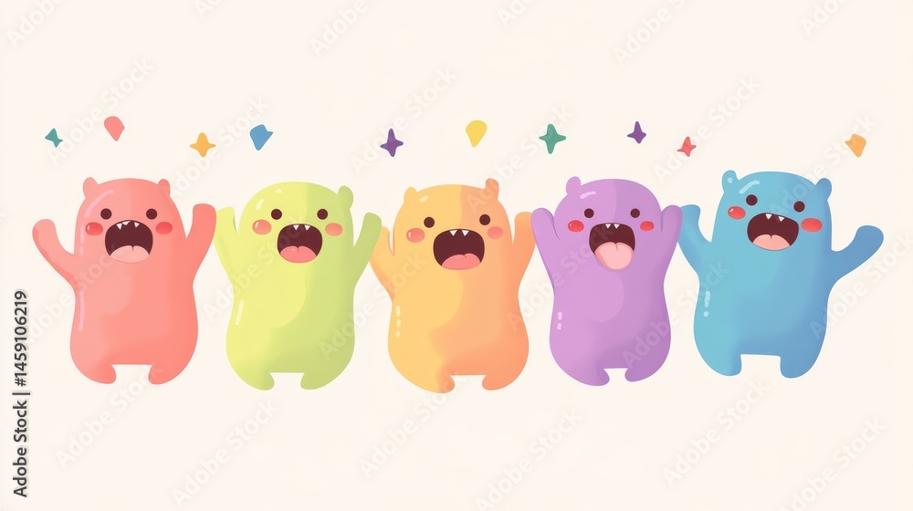 Adorable monster lineup design, flat vector illustration, rainbow colored creatures, kawaii style faces, expressive cartoon eyes, tiny fang details, happy tongue elements, celebration pose with Adorable monster lineup design, flat vector illustration, rainbow colored creatures, kawaii style faces, expressive cartoon eyes, tiny fang details, happy tongue elements, celebration pose with