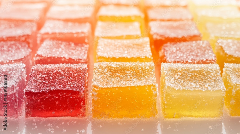 Artistically arranged layers of colorful marmalade squares creating an ombre effect from yellow to orange to red, dusted with fine sugar crystals, soft gradient background, extreme detail showing Artistically arranged layers of colorful marmalade squares creating an ombre effect from yellow to orange to red, dusted with fine sugar crystals, soft gradient background, extreme detail showing