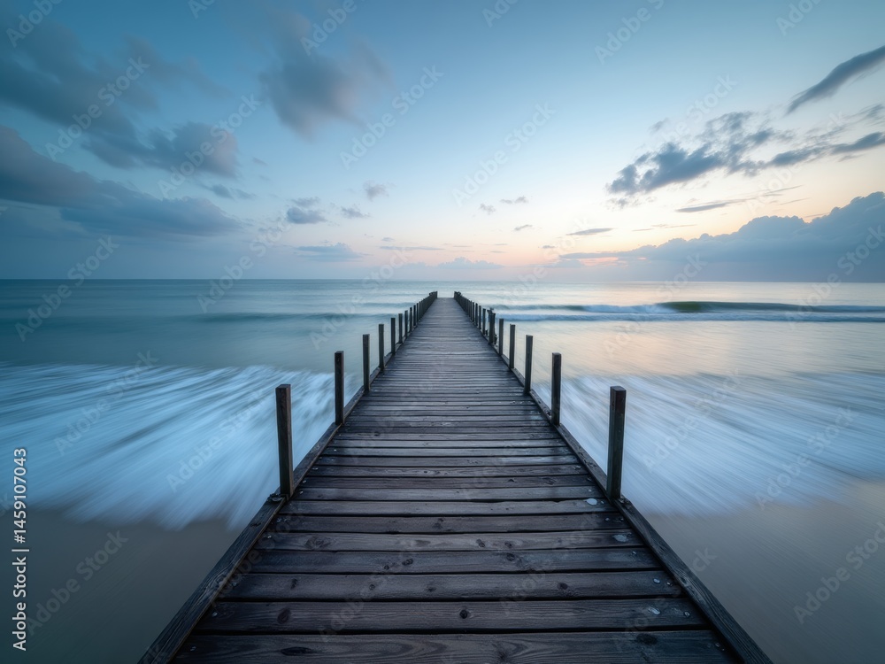 Wooden pier at sunset with crashing waves Wooden pier at sunset with crashing waves