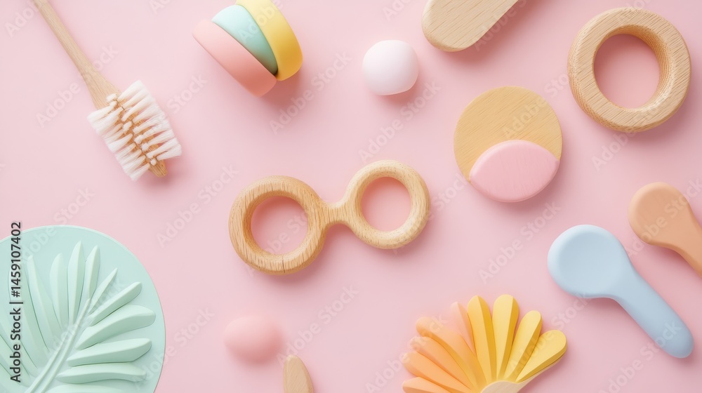 Artistic flat lay of eco baby toys, wooden teething rings, rainbow pastel discs, curved natural wood handles, soft pink surface, professional product photography, gentle lighting Artistic flat lay of eco baby toys, wooden teething rings, rainbow pastel discs, curved natural wood handles, soft pink surface, professional product photography, gentle lighting