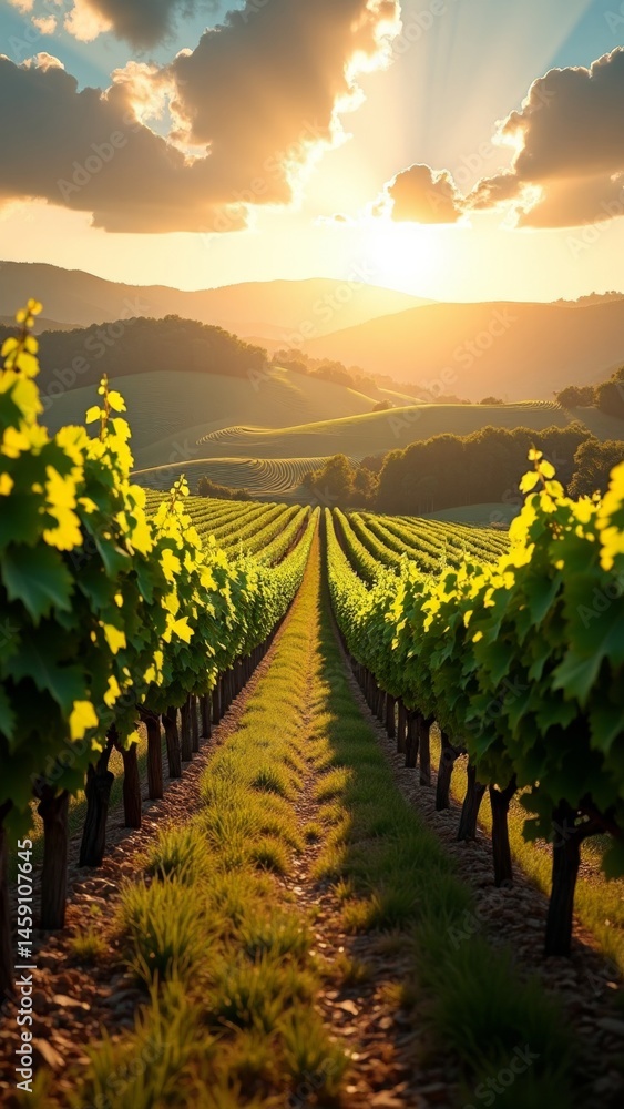 Fototapeta premium Sunset over vineyard with green leaves
