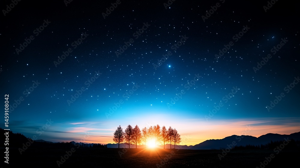 Naklejka premium A group of trees basking in the glow of twilight under starry skies