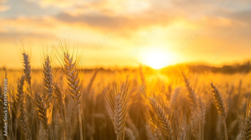 Golden wheat field at sunset, backlit by warm sunlight, showcasing the ripe grain and tranquil rural landscape. The sun's glow illuminates the scene, creating a peaceful and idyllic a : Generative AI Golden wheat field at sunset, backlit by warm sunlight, showcasing the ripe grain and tranquil rural landscape. The sun's glow illuminates the scene, creating a peaceful and idyllic a : Generative AI
