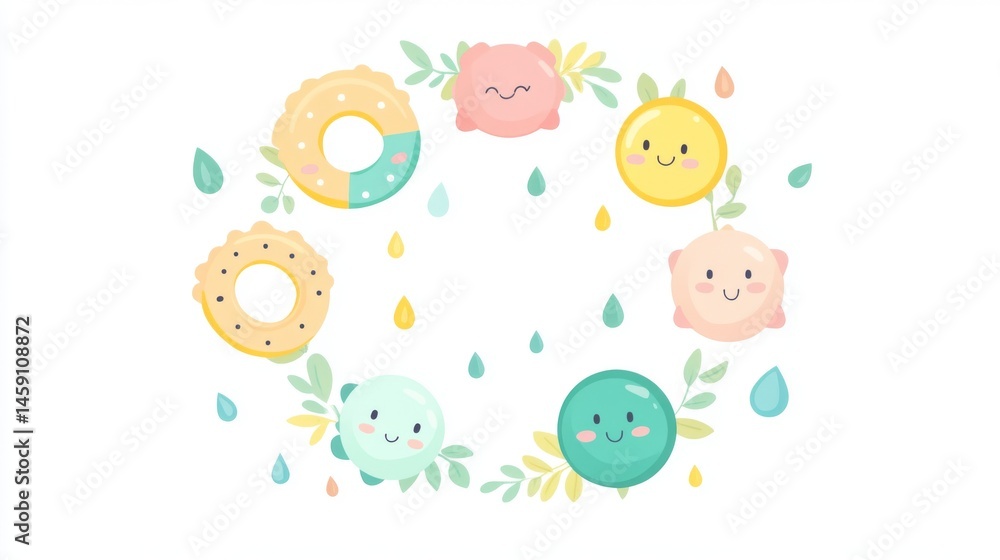 Cheerful cartoon illustration of colorful teething rings arranged in a circle formation, featuring wooden and silicone designs with happy faces, pastel color palette of mint green, soft yellow, and Cheerful cartoon illustration of colorful teething rings arranged in a circle formation, featuring wooden and silicone designs with happy faces, pastel color palette of mint green, soft yellow, and
