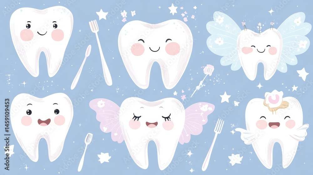 Collection of adorable chibi teeth characters with rosy cheeks and big sparkly eyes on powder blue background, each tooth expressing different emotions from happy to sleepy, wearing tiny accessories Collection of adorable chibi teeth characters with rosy cheeks and big sparkly eyes on powder blue background, each tooth expressing different emotions from happy to sleepy, wearing tiny accessories