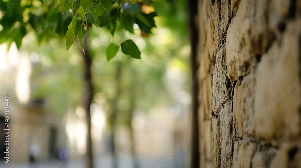 Obraz premium Close-up of green leaves overhanging a rustic stone wall, with a blurred background suggesting a sunlit city street. : Generative AI