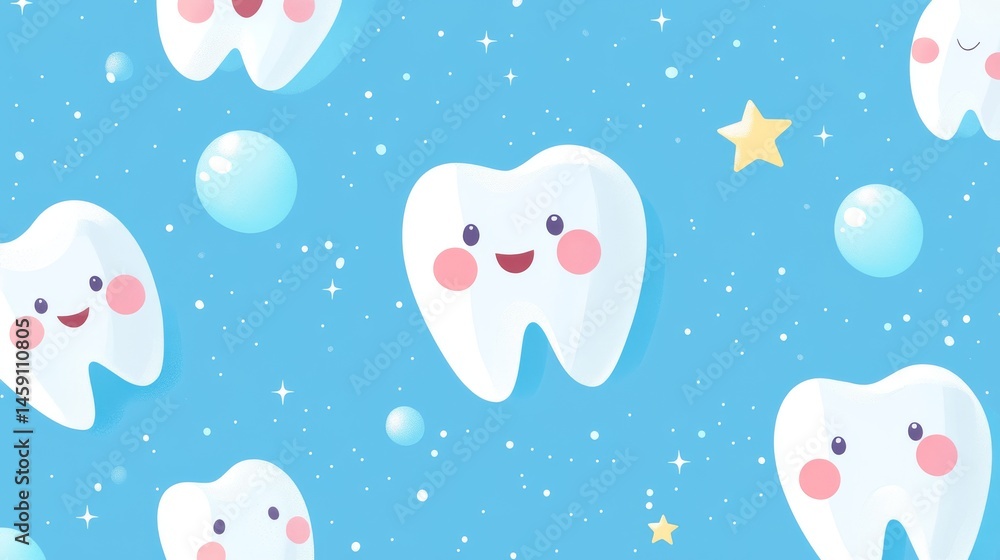 Cheerful dental hygiene story panels, animated tooth personalities, rosy cheeks detail, floating bubble elements, star sparkles, sky blue background, simple geometric shapes, modern flat vector style Cheerful dental hygiene story panels, animated tooth personalities, rosy cheeks detail, floating bubble elements, star sparkles, sky blue background, simple geometric shapes, modern flat vector style