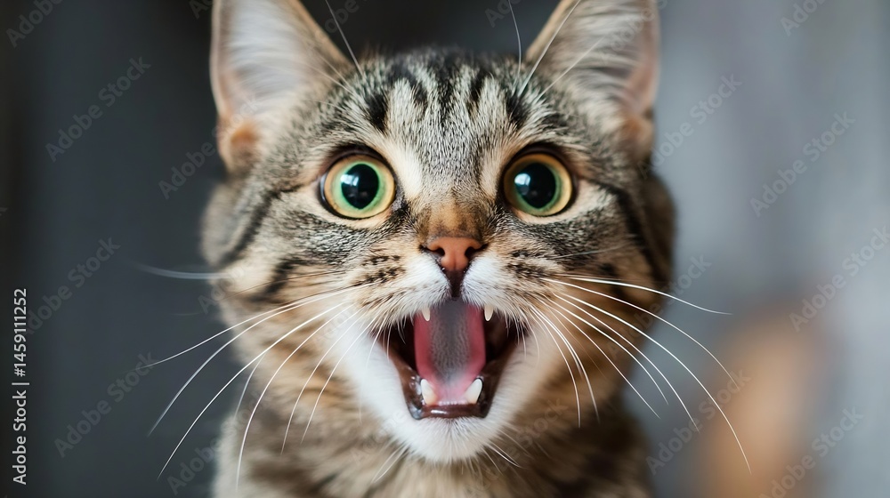 Fototapeta premium Close-up portrait of a tabby cat with wide, surprised green eyes and open mouth, showing teeth and pink tongue. The cat's fur is a mix of brown, black, and white. : Generative AI