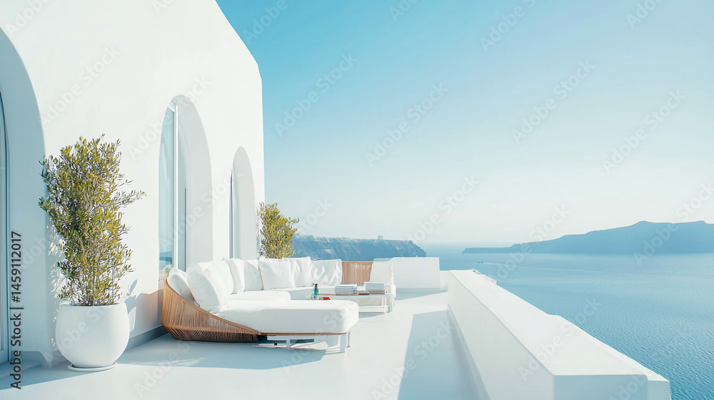Fototapeta premium White building terrace overlooking the ocean with white furniture and potted plants on a sunny day