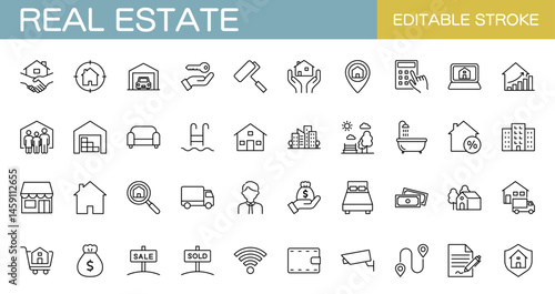 Real estate icon set. Vector illustration, editable stroke