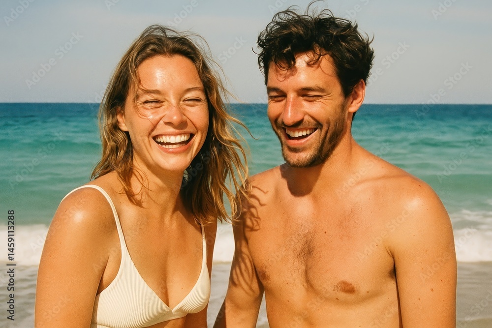 Joyful couple enjoying beach. Joyful couple enjoying beach.