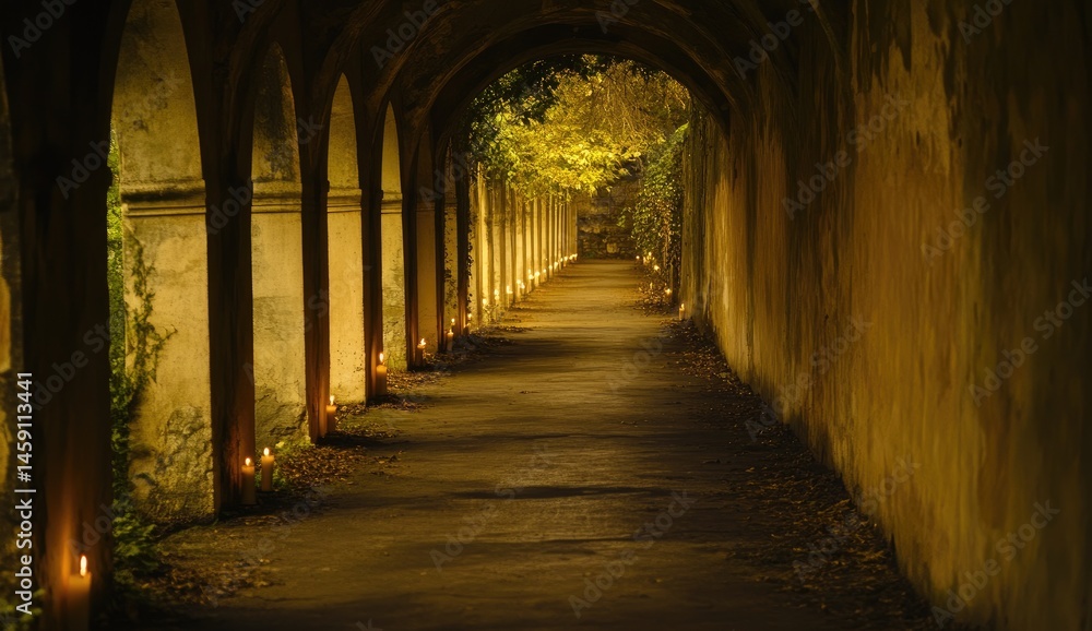 Fototapeta premium Ancient tunnel, candlelit path