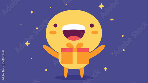 Surprised Happiness A character with a large head and tiny body is wideeyed with pure joy while holding a gift box. Their mouth is open in a huge grin showcasing exuberance and