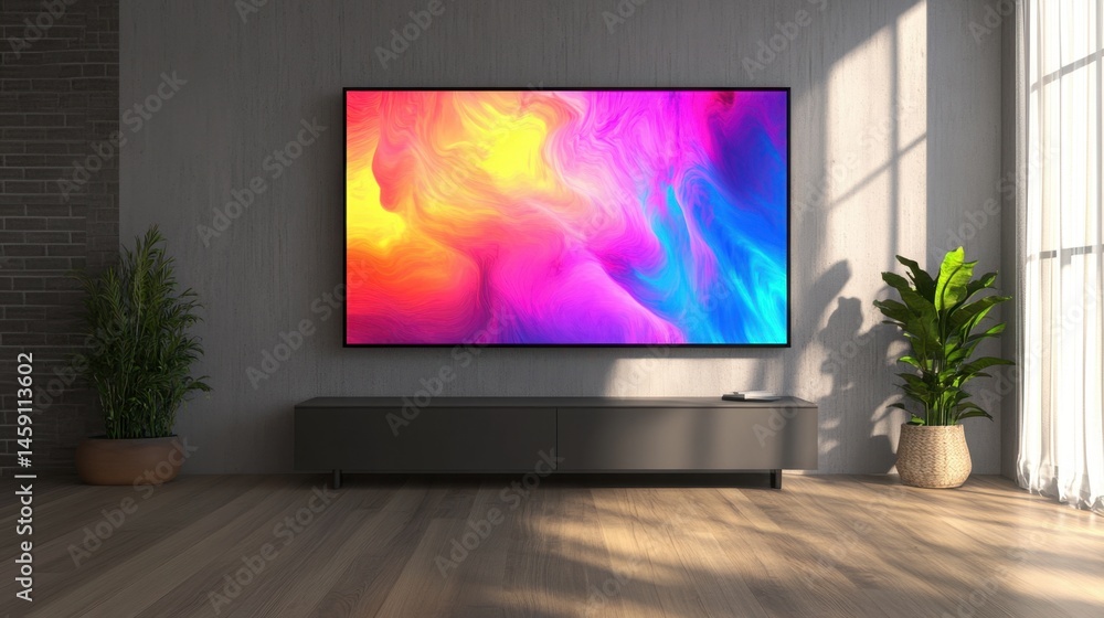 Fototapeta premium Living room wall packed with colorful abstract art forming a striking focal point