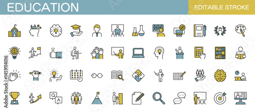 Colored education icon set. Vector illustration. Editable stroke.