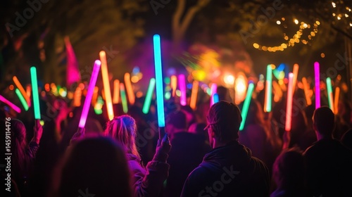 A vibrant crowd at a night event, illuminated by colorful light-up sticks.