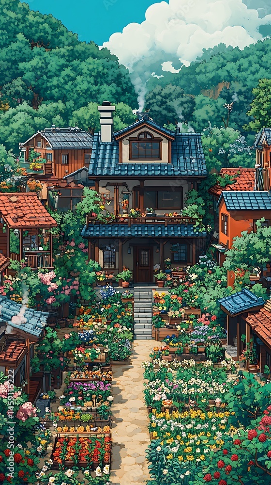 Obraz premium Picturesque Village Retreat: An inviting digital illustration of a charming village scene, with a beautiful house at the heart, flourishing with vibrant flora, where peace and beauty thrive.
