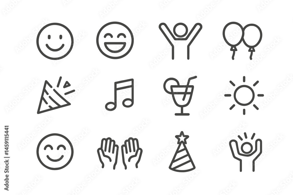 Vector illustration icons depicting joyful expressions, party elements, and celebration symbols for festive occasions or fun activities Vector illustration icons depicting joyful expressions, party elements, and celebration symbols for festive occasions or fun activities