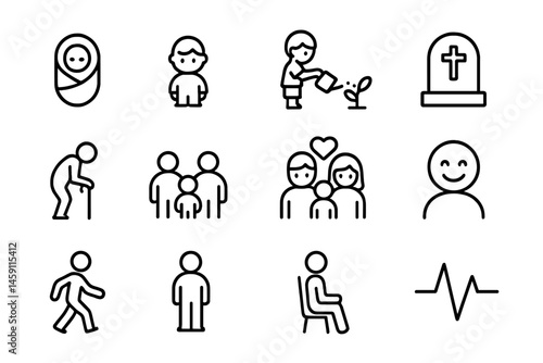 Vector illustration icons depicting the stages of life from infancy to adulthood along with themes of care and connection