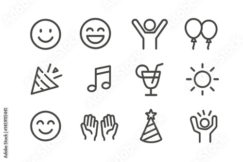 Vector illustration icons depicting joyful expressions, party elements, and celebration symbols for festive occasions or fun activities