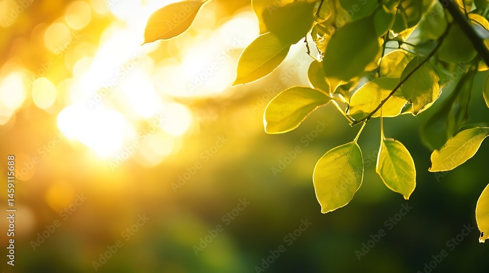 Obraz premium Golden sunlight illuminates vibrant green leaves on a branch, creating a serene and peaceful nature scene. The bokeh effect adds depth and warmth to the image. : Generative AI