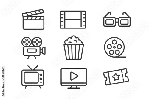 Variety of entertainment icons in vector illustration featuring film, popcorn, and viewing experiences