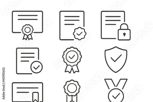 Collection of vector illustrations showing award certificates, seals, and secure documents in a minimalistic style