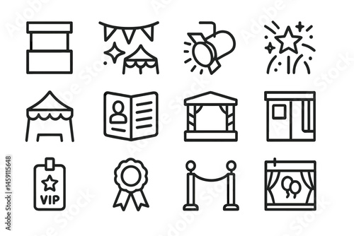 Vector illustration of festival icons including tents, lighting, and VIP access symbols suitable for event planning and promotions