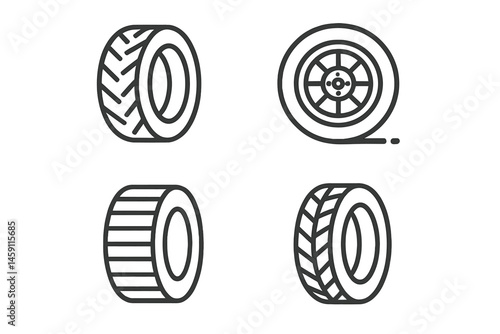 Vector illustration of four distinct tire designs showcasing various tread patterns and profiles