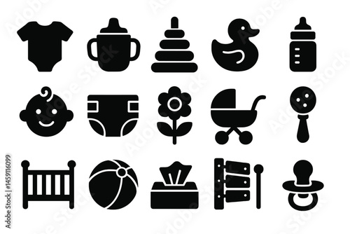 Vector illustration icons of baby-related items including clothing, toys, and accessories suitable for childcare themes