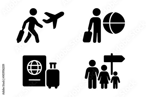 Travel activities illustrated in vector icons showcasing various aspects of journey preparation and leisure moments