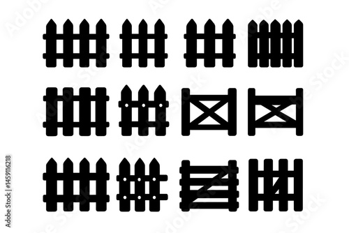 Variety of vector illustration icons featuring different styles of wooden fences suitable for design and decoration projects