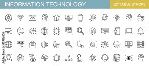 Information technology icon set. IT network, data, internet, website. Vector Illustration, editable stroke