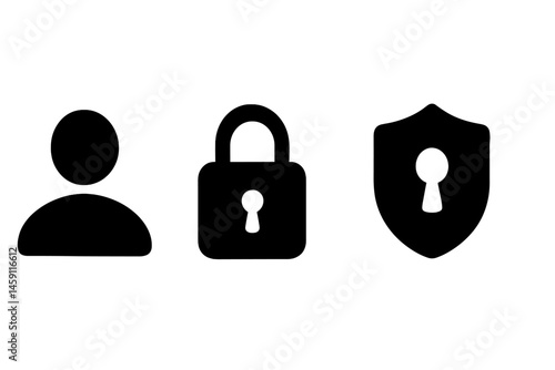 Vector illustration showing user privacy icons including a person, locked padlock, and shield with a keyhole