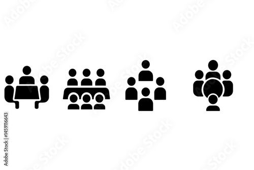 Vector illustration icons representing various group dynamics in meeting and collaboration settings for professional environments