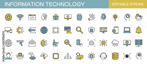 Colored information technology icon set. IT network, data, internet, website. Vector Illustration, editable stroke