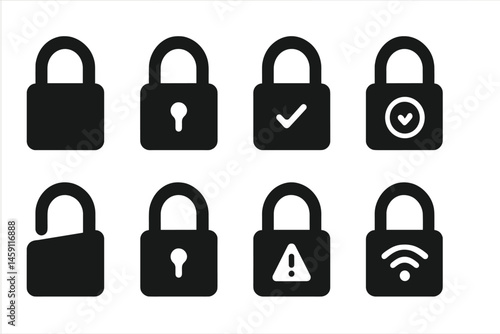 Vector illustration of various padlock icons depicting different security statuses and features for digital applications