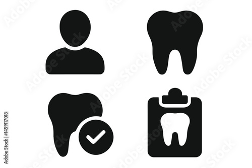 Vector illustration icons representing dental care including patient, tooth, checkmark, and clipboard in a modern design