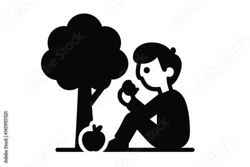 Child enjoying a snack under a tree with an apple lying on the ground during a sunny afternoon