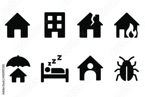 Various vector illustration icons depicting different types of houses and related concepts in a clear and simple design