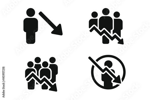 Vector illustration icons depicting declining trends in individual and group performance metrics over time