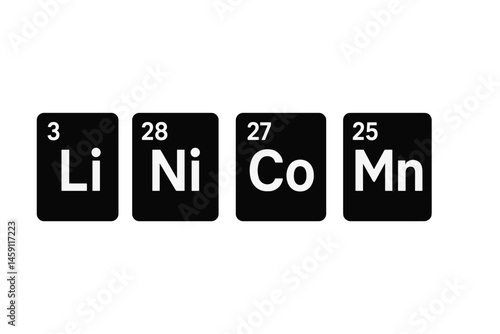 Chemical elements lithium, nickel, cobalt, and manganese represented in vector illustration icons with atomic numbers