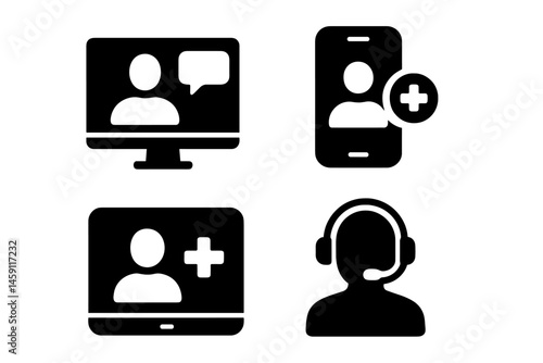 Vector icons representing virtual communication and online collaboration with people on screens and headsets